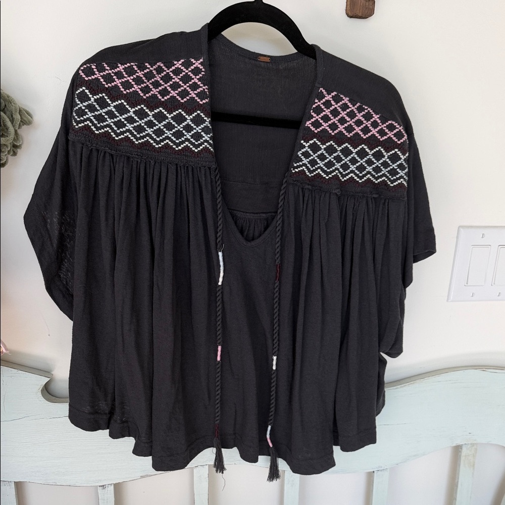 Free People Black Blouse with Pink & White Embroidered Yoke